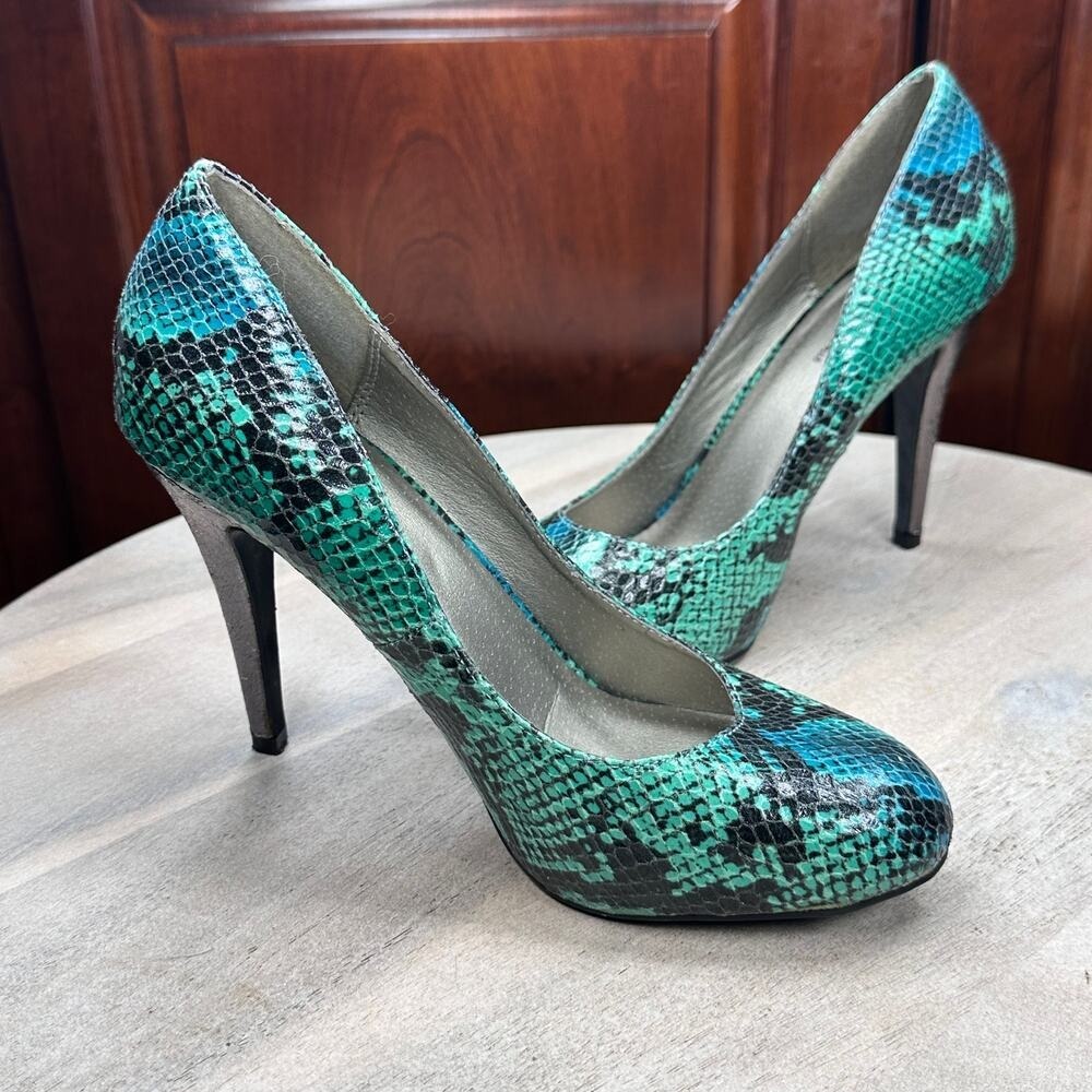 Michael Antonio Womens Pumps Size 9 Teal Blue Black Snakeskin Stilettos